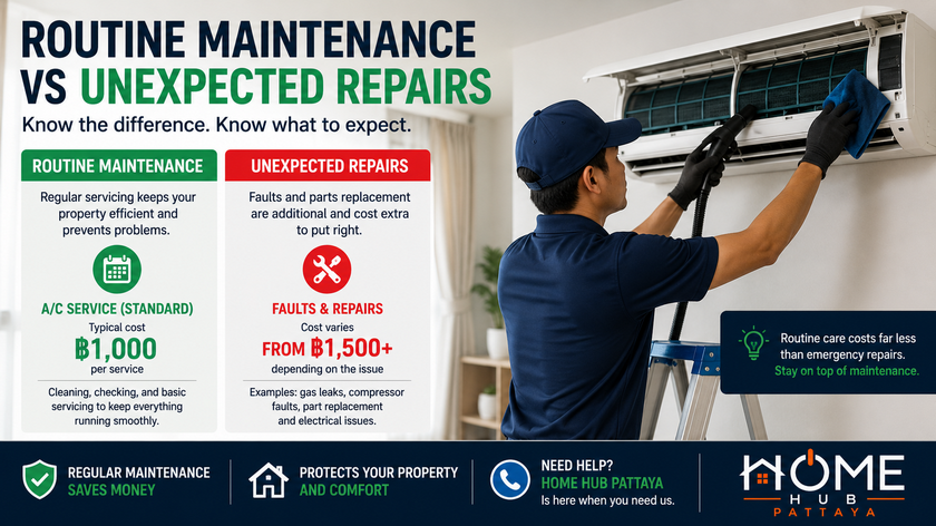 Air-conditioning maintenance in a Pattaya property, illustrating the difference between routine A/C servicing and unexpected faults requiring additional repairs.